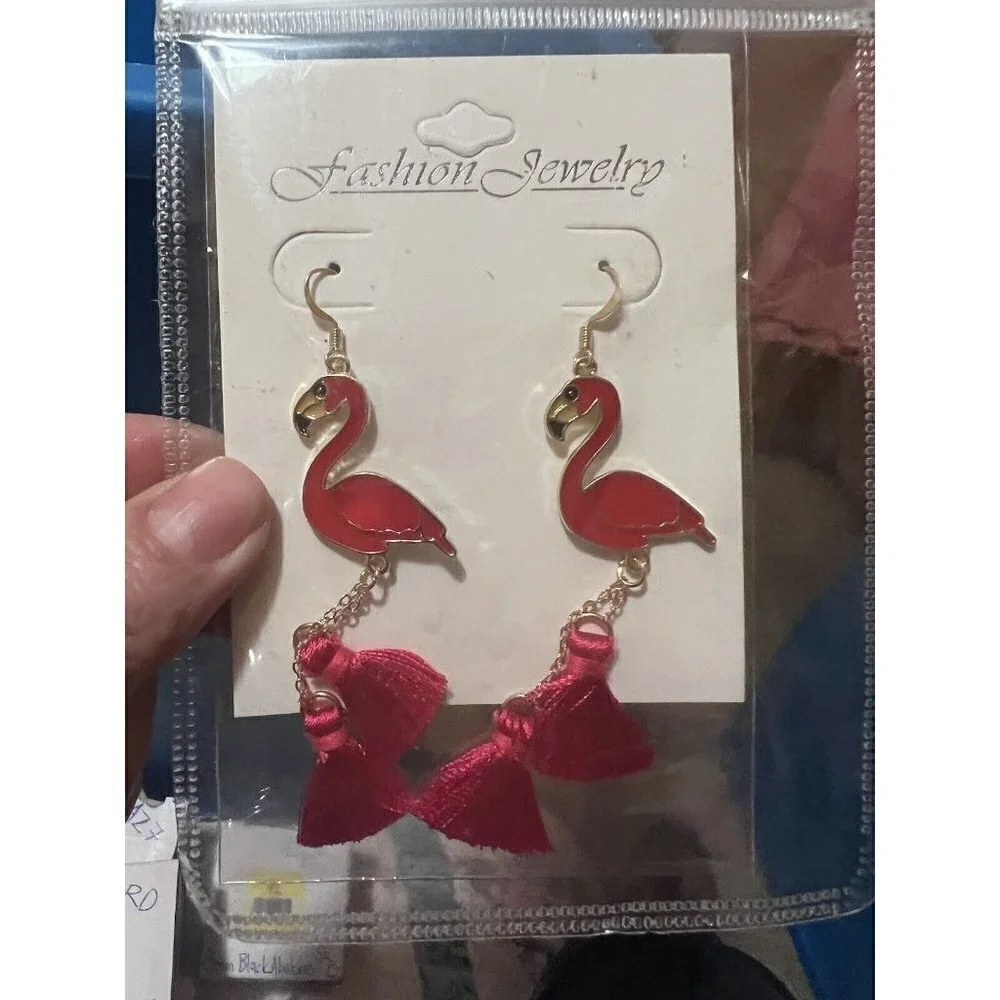 Pink Gold Enamel Flamingo Dangle Fashion Earrings